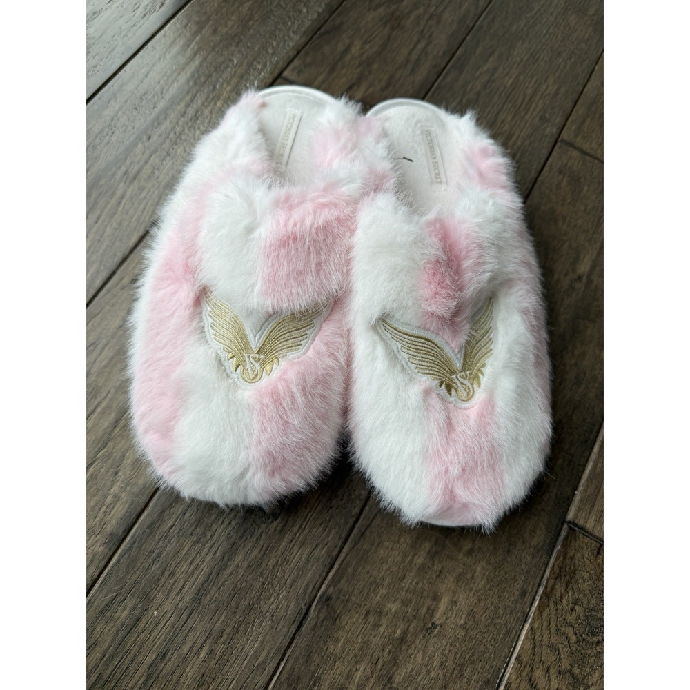 Victoria's Secret Slippers Women Large Pink White Faux Fur Angel Wing Scuff NEW